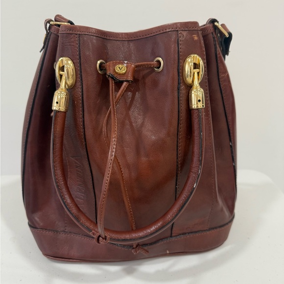 Valentina Handbags - Valentina Brown Leather Drawstring Shoulder Bag with Gold Hardware